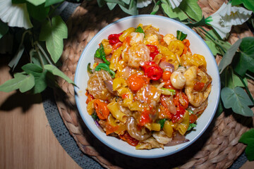 Tasty Seblak With Mixed Toppings Served On Plate Close Up