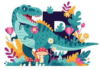 Obraz premium Colorful dinosaur and letter B design with flowers and leaves on transparent background copy space