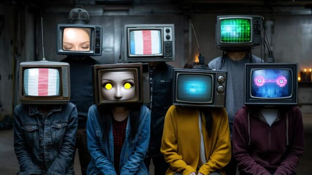 A group of people with their heads replaced by old televisions showing different images sitting in a dark room with grey walls