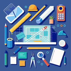 Work Desk with Blueprints, Pencils, and Rulers for Design Planning, Creative Drafting, Engineering Concepts, and Professional Workspace Illustrations