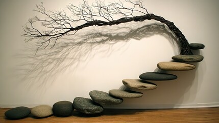 A curved arrangement of stones and branches, forming an abstract stairway.