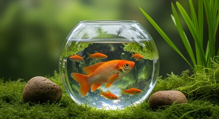Serene Goldfish in Glass Bowl Amidst Lush Moss