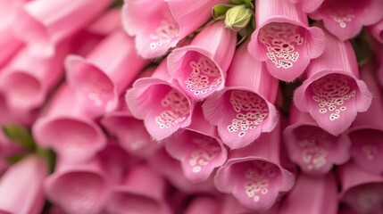 Obraz premium A stunning display of vibrant pink foxglove flowers with intricate white patterns inside their tubular blossoms, showcasing nature's delicate beauty and floral charm.