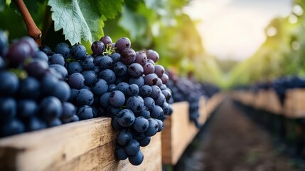 A bountiful cluster of ripe black grapes among green vines, ready for harvest in a vineyard, symbolizing abundance and the art of winemaking.