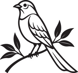 The Delicate Perch: A refined, minimalist illustration of a bird perched gracefully on a slender branch adorned with delicate leaves.