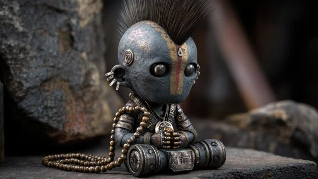 Small alien creature figurine with mohawk sitting in meditative pose with metal jewelry, beads and details