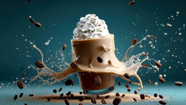 Glass with coffee frappe decorated with whipped cream and coffee beans with dynamic splash effect of milk and coffee beans on dark blue background