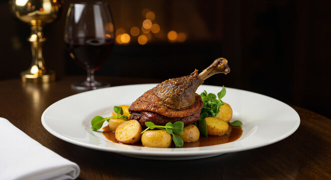 Gourmet duck leg with potatoes and greens on elegant dinner table  