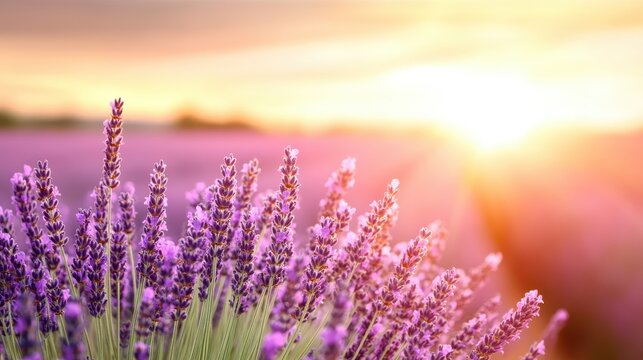 This picturesque image of vibrant lavender fields bathed in sunset light conveys serenity and natural beauty, creating an idyllic escape for those seeking tranquility and peace.