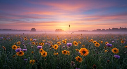 Fototapeta premium Field of wildflowers captured during sunrise with sunlight illuminating petals from behind
