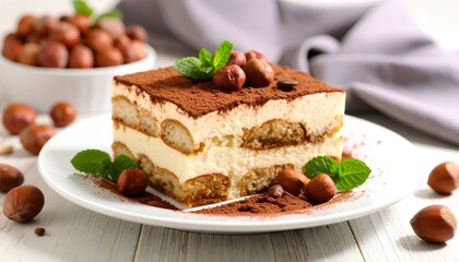 piece of tiramisu cake on a white plate