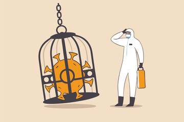 Coronavirus COVID-19 lockdown or quarantine, restricted access to country combat with COVID-19 virus outbreak concept, medical worker full protective gear with key after locked virus pathogen in cage