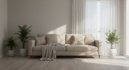Minimalist living room with a beige sofa, soft throw blanket, and indoor plants.