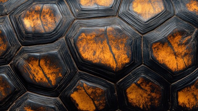 Turtle shell texture with copy space. Close-up turtle pattern. Reptile shell design. Turtle scales. Realistic turtle shell. Turtle design texture. Detailed turtle shell close-up. Wild Animal texture.