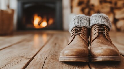 A pair of cozy leather boots sits beside a inviting fireplace, symbolizing warmth, comfort, and the homely atmosphere that invites relaxation and peace.