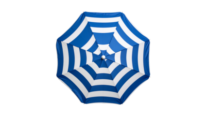 Top view of a striped blue and white beach umbrella isolated on transparent background