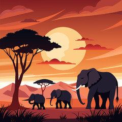 An Elephant Family Crossing a Grassy Savannah During Sunset for Wildlife Illustration, Nature Art, Animal Scene Graphics, and Creative Design Projects © graphicslant9014451