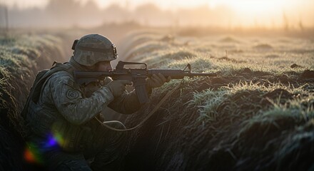 Soldier Aiming Rifle in Trench Under Morning Light Tactical Operation
