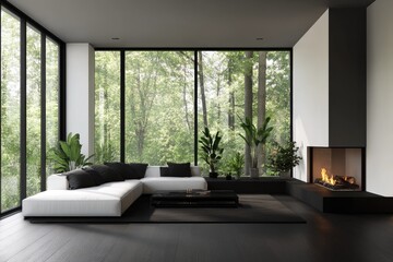 Modern living room with forest view