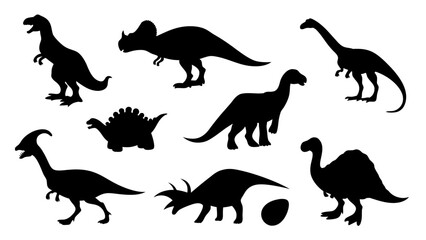 Vector illustration of dinosaur silhouette including Stegosaurus, Brontosaurus, Velociraptor, Triceratops, Tyrannosaurus rex