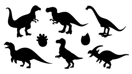 Vector illustration of dinosaur silhouette including Stegosaurus, Brontosaurus, Velociraptor, Triceratops, Tyrannosaurus rex