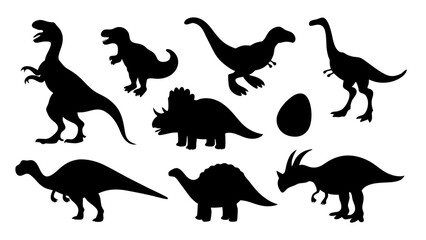 Vector illustration of dinosaur silhouette including Stegosaurus, Brontosaurus, Velociraptor, Triceratops, Tyrannosaurus rex © Creative vector