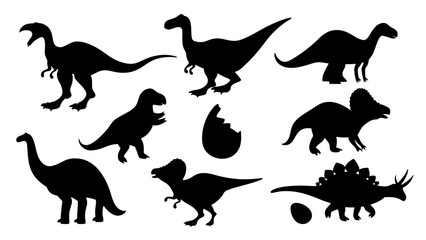 Vector illustration of dinosaur silhouette including Stegosaurus, Brontosaurus, Velociraptor, Triceratops, Tyrannosaurus rex © Creative vector