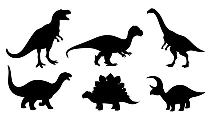 Vector illustration of dinosaur silhouette including Stegosaurus, Brontosaurus, Velociraptor, Triceratops, Tyrannosaurus rex