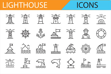 Vector Maritime Icons Including Lighthouse, Ships, and Navigation Tools