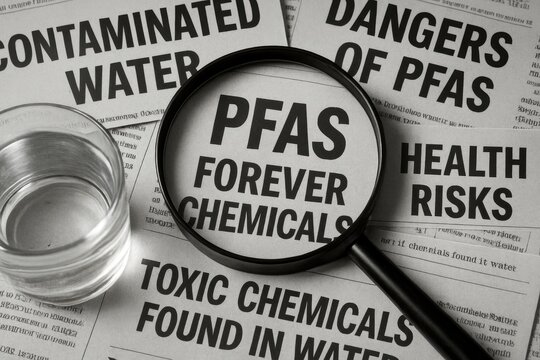 Magnifying glass over articles discussing health risks of PFAS chemicals in water.