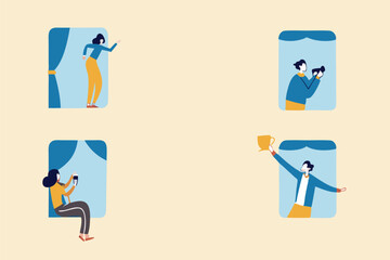 People stay home as social distancing to protect from COVID-19 coronavirus outbreak minimal concept, people at the windows with activities stay home apartment, social distancing policy with copy space