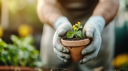 A dedicated gardener gently holds a flower pot with a fresh plant, showcasing the nurturing bond between humans and nature in a vibrant gardening atmosphere.