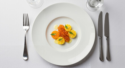 Gourmet dish with fish roe and lemon slices on white plate  