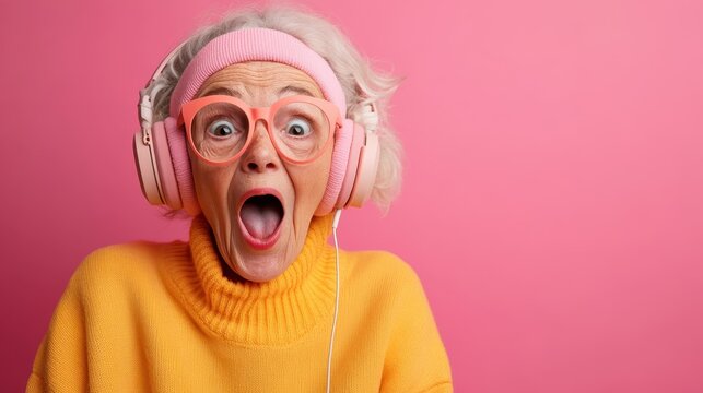 An ecstatic elderly woman wearing oversized headphones showcases pure joy, her vibrant expression and playful fashion exuding excitement in a fun and modern aesthetic.