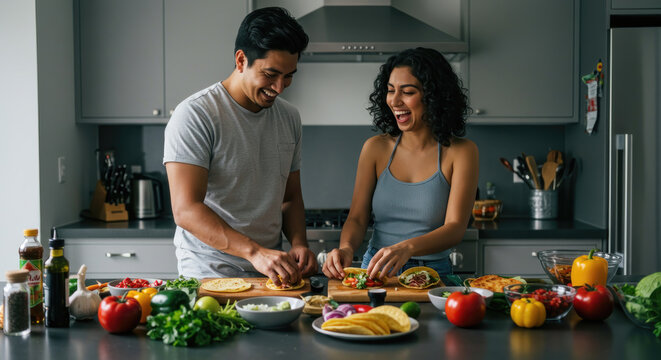 joyful hispanic couple preparing tacos together in modern kitchen. fresh vegetables and ingredients spread on countertop. concept of cooking, healthy eating, teamwork, home lifestyle. culinary arts