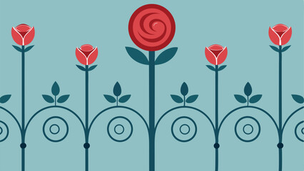 Stylized rose garden design with red roses and geometric decorative elements