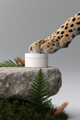 Obraz premium Wild animal paw touching cosmetic jar on stone with tropical leaves. Creative product mockup in natural setting, symbolizing nature, strength, sustainability and exotic beauty.