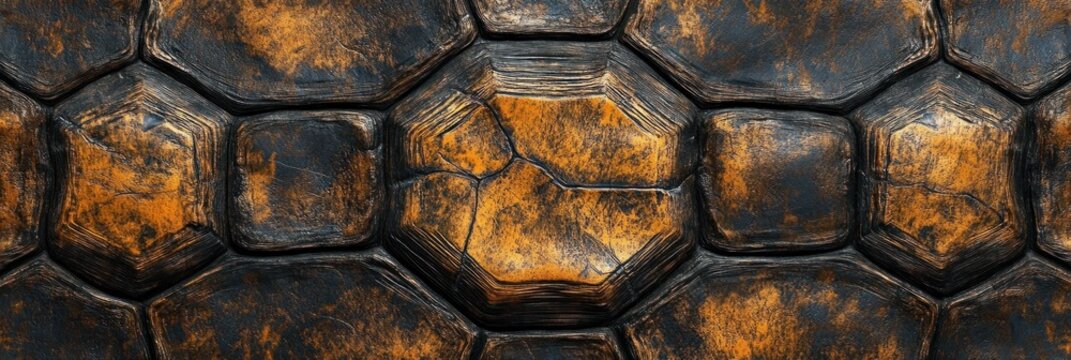Turtle shell texture with copy space. Close-up turtle pattern. Reptile shell design. Turtle scales. Realistic turtle shell. Turtle design texture. Detailed turtle shell close-up. Wild Animal texture.