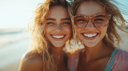 Fototapeta premium Two women at the beach share a joyful moment, their smiles bright and contagious while the sun sets in the background, evoking a sense of friendship and happiness.