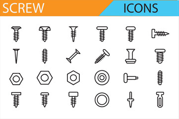 Collection of Screw, Bolt, Nut, and Tool Icons for Construction.