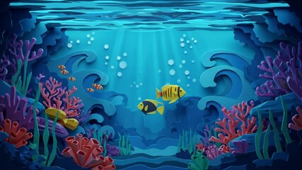 Underwater paper cut scene with turtle, fish, coral. Ocean life animated for marine biology, children content and education video.