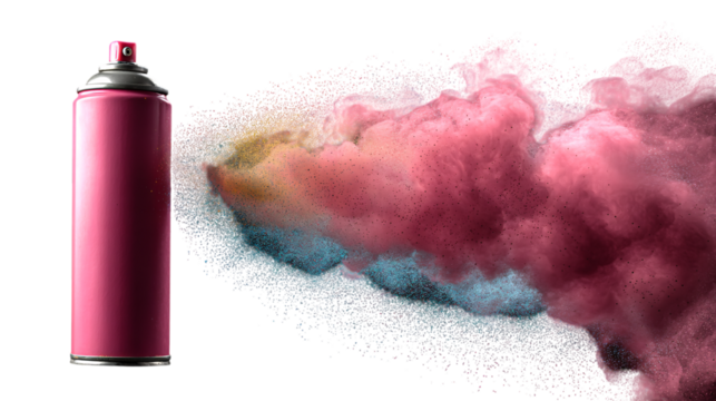 Pink Spray Paint Can Exploding Colorful Dust Cloud, transparent background - Powered by Adobe