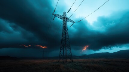 A striking landscape featuring ominous storm clouds surrounding a tall power line, capturing the raw power of nature and the impending tempest's electric energy in the sky.