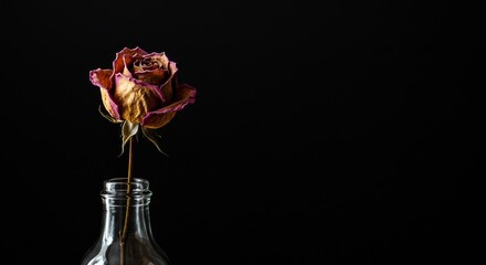 A single dried rose in a small glass bottle, captured with low key lighting that accentuates the crumpled texture of the petals and the fragile stem