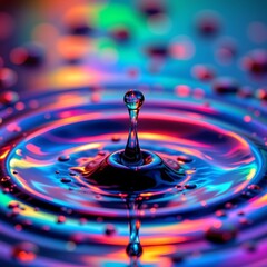 a drop of water suspended above an intricately rippling pool of colorful liquid against a dark background.