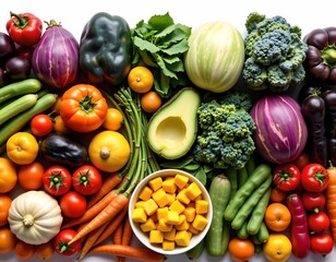 a vibrant array of fresh fruits and vegetables laid out in a row