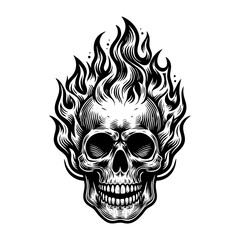 Skull burning fire flame sketch engraving black and white outline. Scratch board imitation.  illustrated in vintage line art style on a white background.