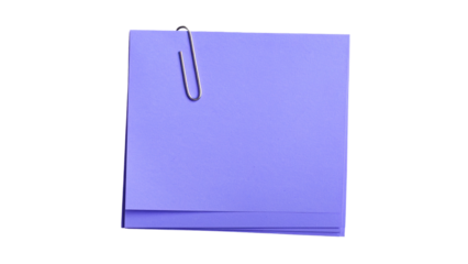 Purple sticky note with paperclip on blank white paper for business office reminder isolated on white or transparent png