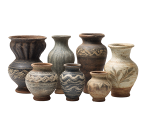 Ancient vases clay pottery collection antique archaeological art history on transparent background