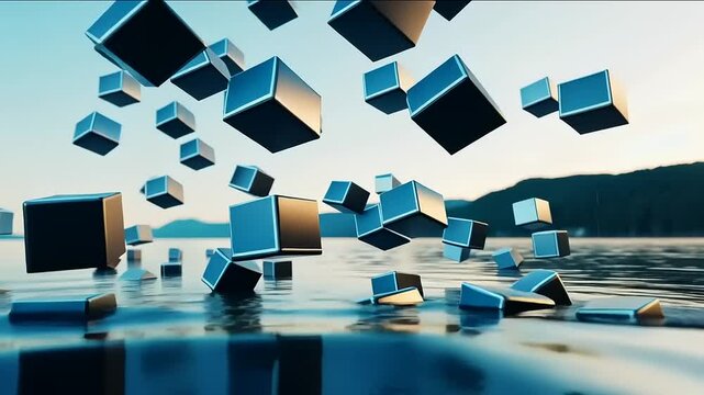 Abstract floating cubes above a lake with nature background serene scenery